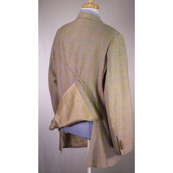 Faconnable by R. Caruso Lt Brown w/ Sky Blue Windowpane Wool-Silk Sportcoat 48L - Picture 7 of 12